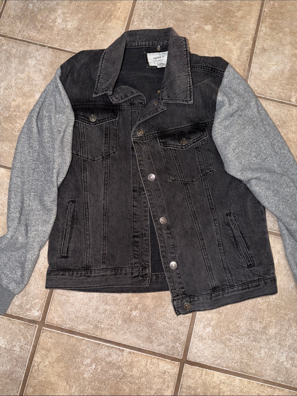 Forever 21 Black Denim Bomber Jacket with Gray Knit Sleeves